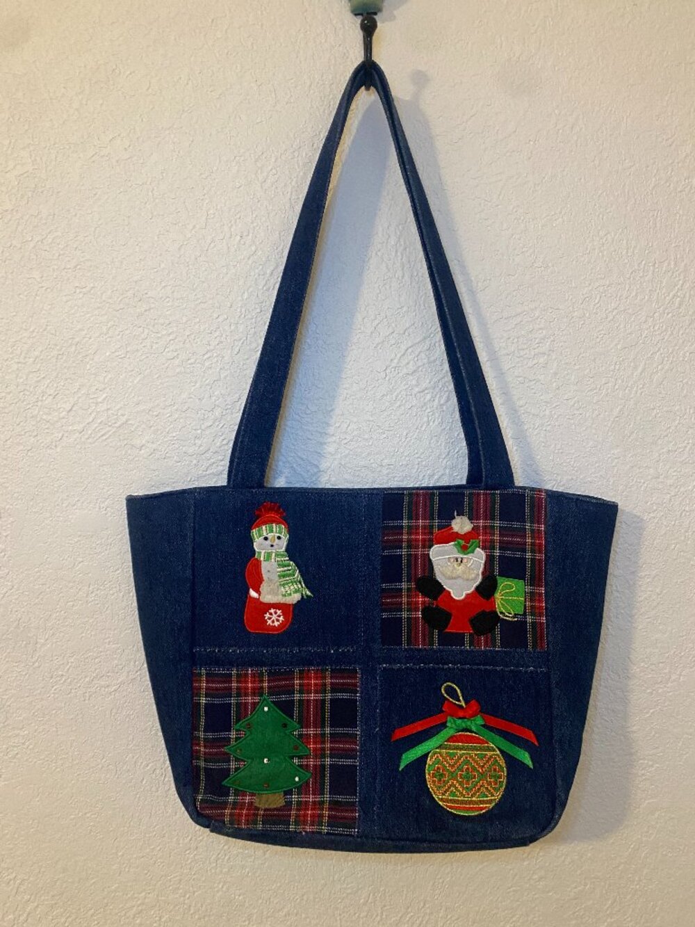 Vintage Kim Rogers Denim Tote Bag Christmas Patchwork Snowman Santa Ornament